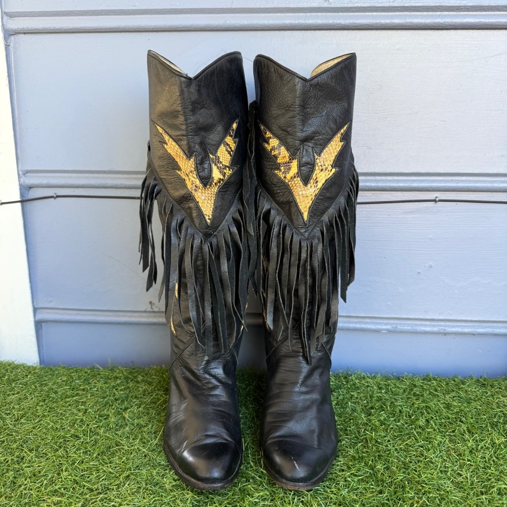 Vtg Larry Mahan Black Leather Fringe Cowboy Boots Size 6 Snakeskin Festival